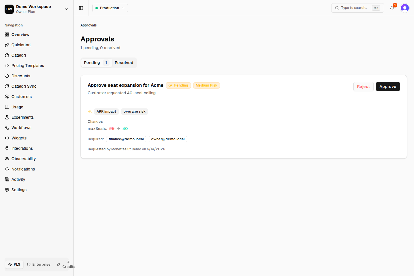 MonetizeKit approvals dashboard: a pending seat-expansion request awaiting finance and owner sign-off